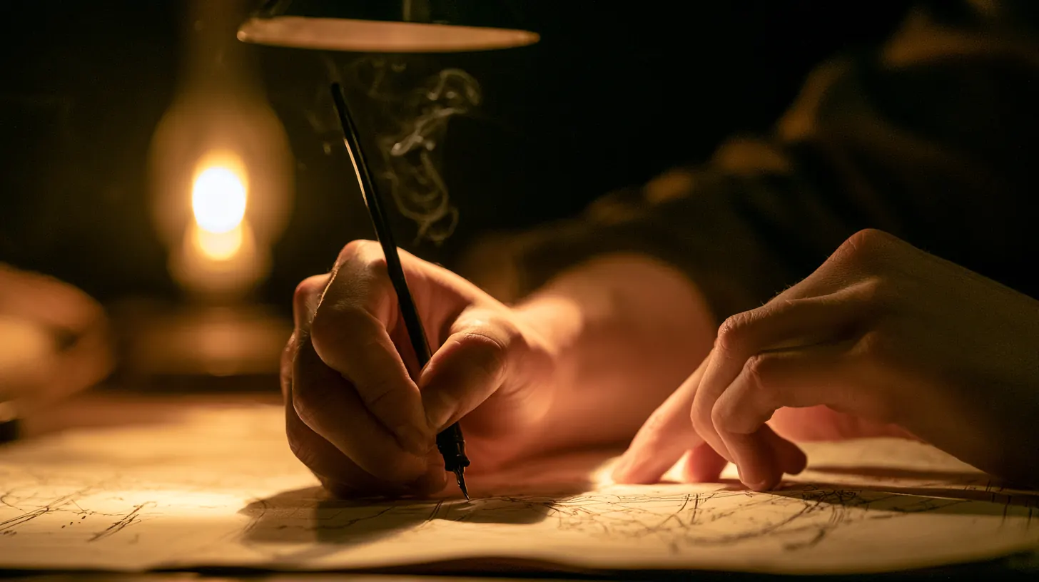Close-up of two hands writing notes on paper by the light of a small lamp