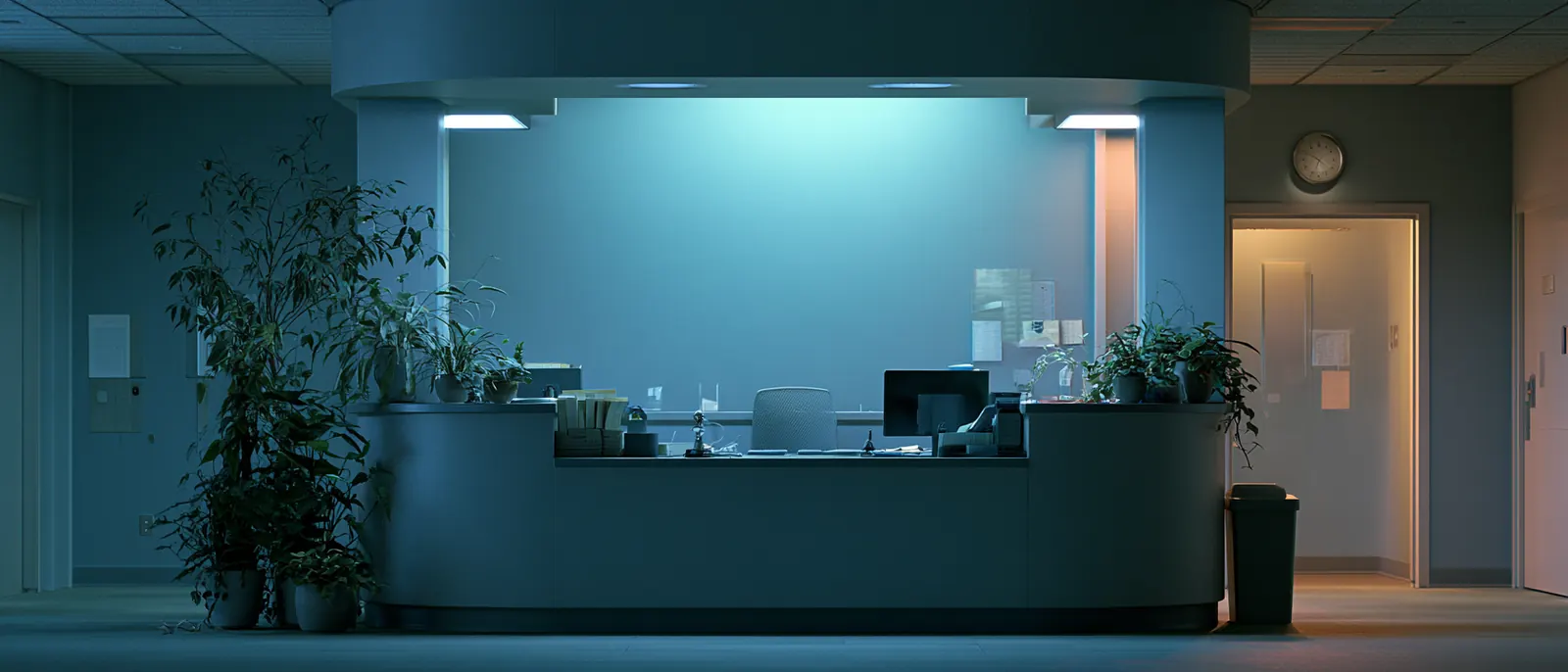 An empty reception desk in a clinic hallway with plants on either side and a cool overhead light