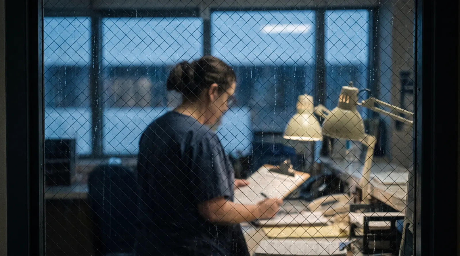 A nurse writing at a nurses' station, seen through wired safety glass in early morning light