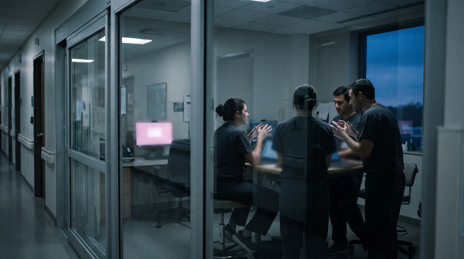 Four staff talking in a hospital workroom, seen through a glass wall from the corridor at blue hour